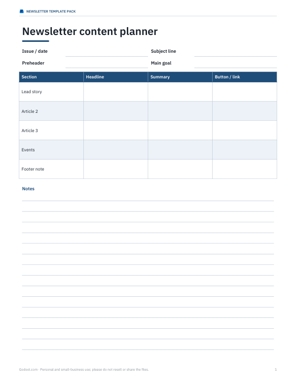 Preview of Printable Newsletter Content Planner